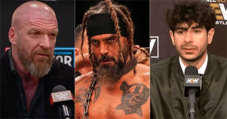 Triple H (left), Jay Briscoe (middle), and Tony Khan (right)