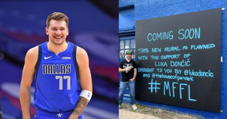 Luka Doncic Smiling, and Preston Pannek with the message of an upcoming mural