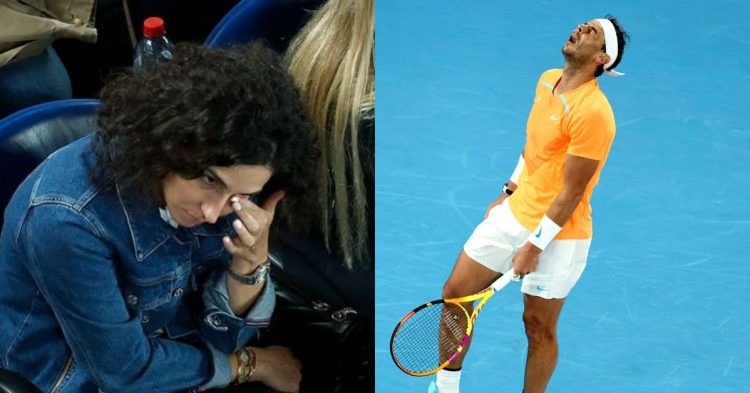 Rafael Nadal's wife Maria Perello shredding tears after witnessing Nadal impaled with an injury at the Australian Open (Credit: The Mirror)