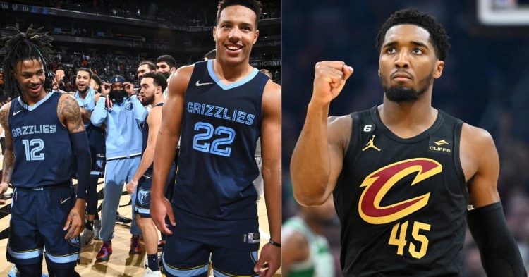 Cleveland Cavaliers' Donovan Mitchell and Memphis Grizzlies' Ja Morant and Desmond Bane on the court