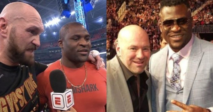 Francis Ngannou with Tyson Fury (left) and Dana White (right)