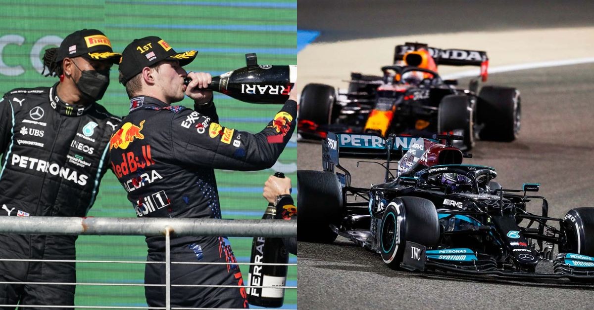 Lewis Hamilton and Max Verstappen in action (left) and Lewis Hamilton and Max Verstappen on the podium (right)