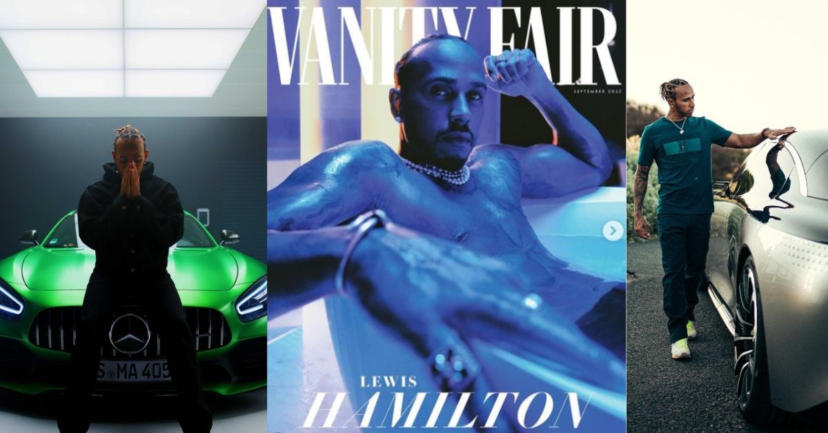 Hamilton's Mercedes endorsements (left and right) and Vanity Fair cover (center)
