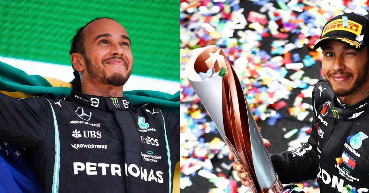 Lewis Hamilton after Brazilian GP win (left) and Hamilton celebrating after 7th WDC win (right) 