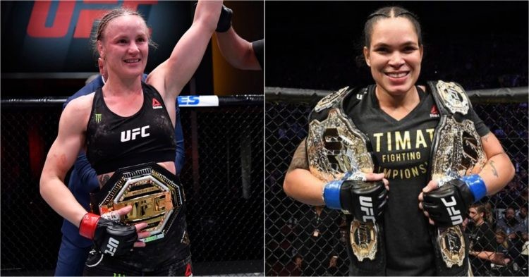 Valentina Shevchenko (left) and Amanda Nunes (right) with the UFC titles