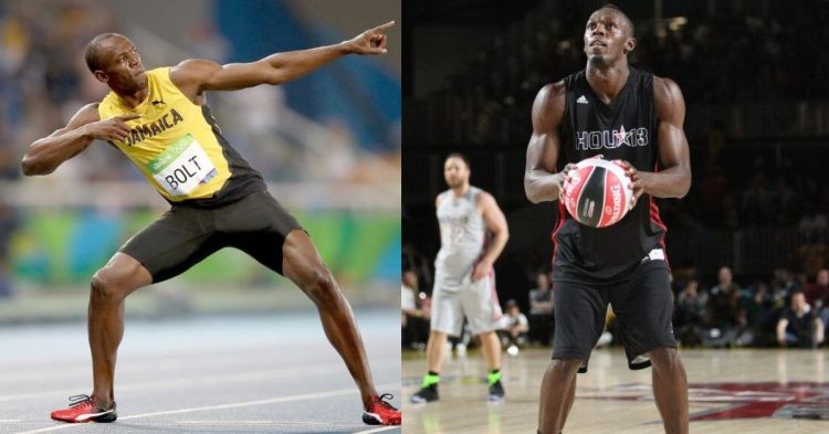 Usain Bolt on the track and shooting a free throw