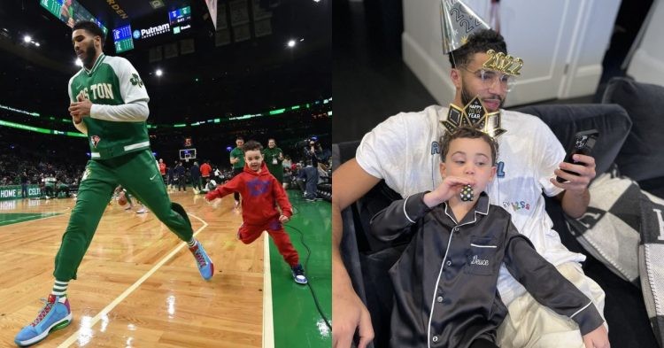 Jayson Tatum and son Deuce running on court and celebrating new year