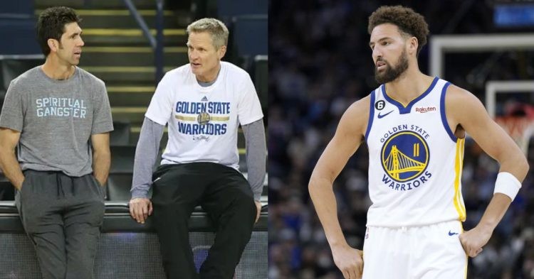 Golden State Warriors' Steve Kerr, Bob Meyers and Klay Thompson on the court