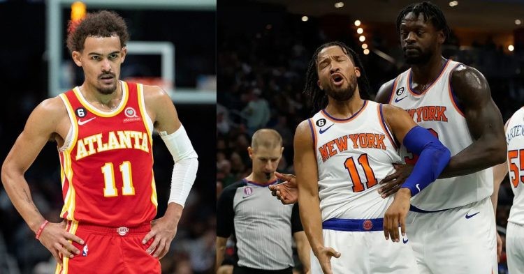 Atlanta Hawks' Trae Young and New York Knicks' Jalen Brunson and Julius Randle on the court