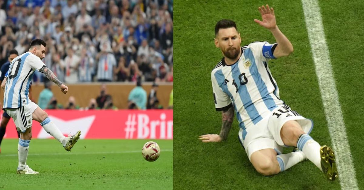 Lionel Messi celebrates after scoring the opening goal in the FIFA World Cup 2022 final