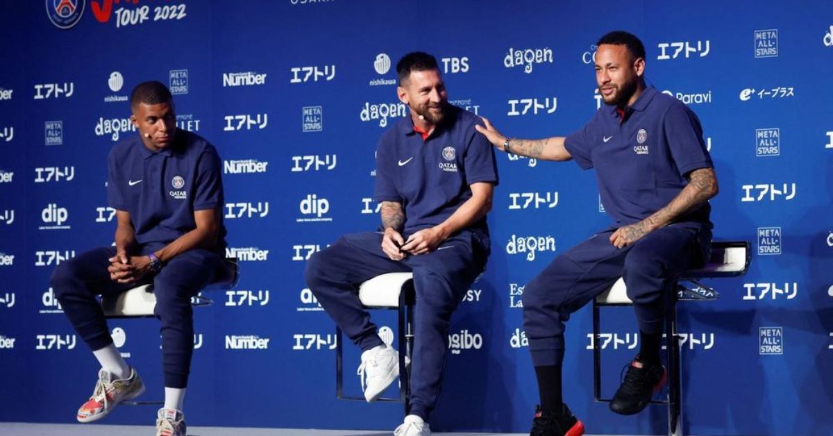 Mbappe, Messi and Neymar Jr during a press-conference ahead of their pre-season tour in Japan