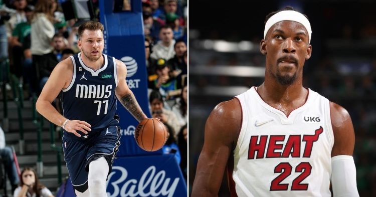 Dallas Mavericks' Luka Doncic and Miami Heat's Jimmy Butler