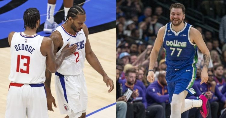 Dallas Mavericks' Luka Doncic and Los Angeles Clippers' Kawhi Leonard and Paul George on the court
