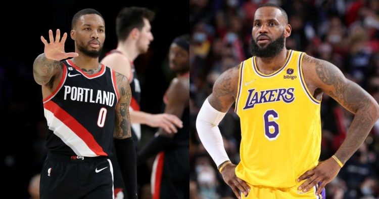 Los Angeles Lakers' LeBron James and Portland Trail Blazers' Damian Lillard on the court