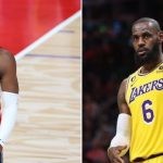 Los Angeles Lakers' LeBron James and Washington Wizards' Rui Hachimura on the court