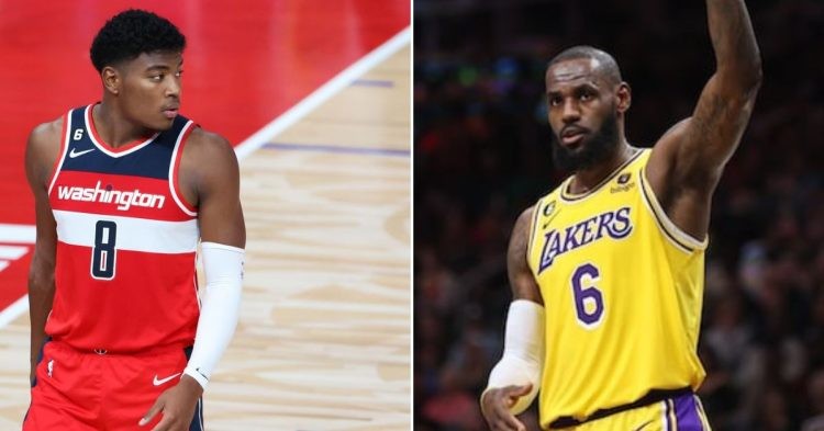 Los Angeles Lakers' LeBron James and Washington Wizards' Rui Hachimura on the court