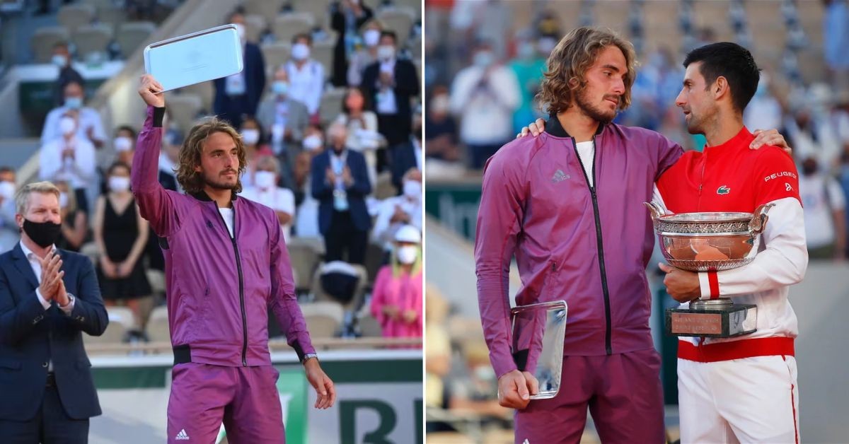 Stefanos Tsitsipas with his runner-up title and being consoled by Novak Djokovic after suffering a loss at the Roland Garros 2021 (Credit: Roland Garros)