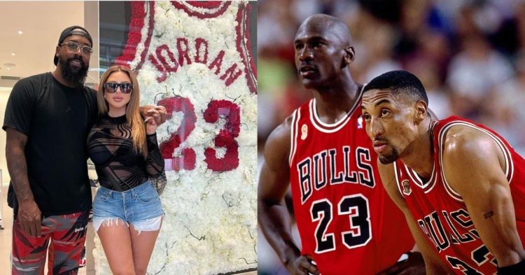 Larsa Pippen with Marcus Jordan and Michael Jordan with Scottie Pippen on the court