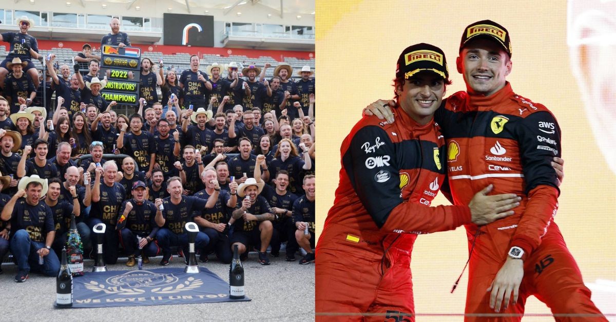 Red Bull Racing Team with the Constructors' Title (left), Charles Leclerc and Carlos Sainz after their first 1-2 at Bahrain GP (right)