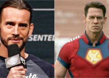 CM Punk (left) and John Cena as Peacemaker (right)