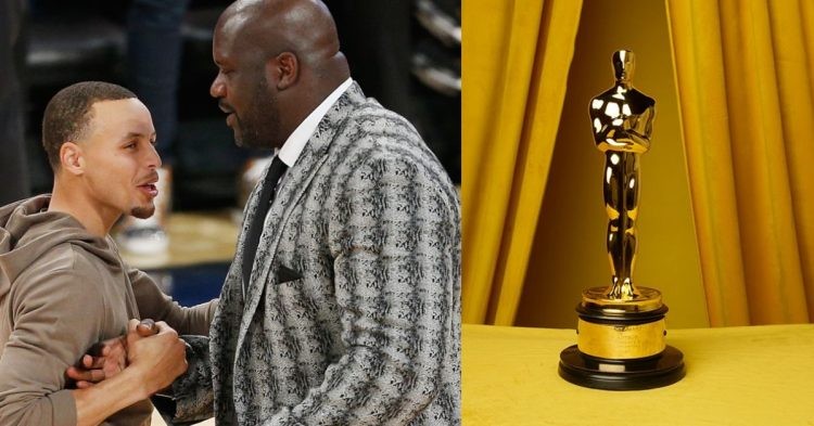 Stephen Curry and Shaquille O'Neal courtside and the Oscars award