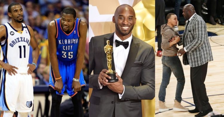 NBA, Mike Conley, Kevin Durant on the court, Kobe Bryant with his oscar award, Stephen Curry and Shaquille O'Neal shaking hands