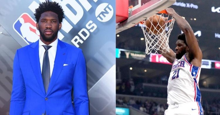 Joel Embiid dunking the ball and wearing a suit
