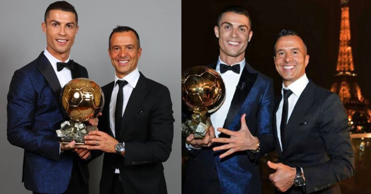 Cristiano Ronaldo celebrates with Jorge Mendes after winning his fifth Ballon d'Or