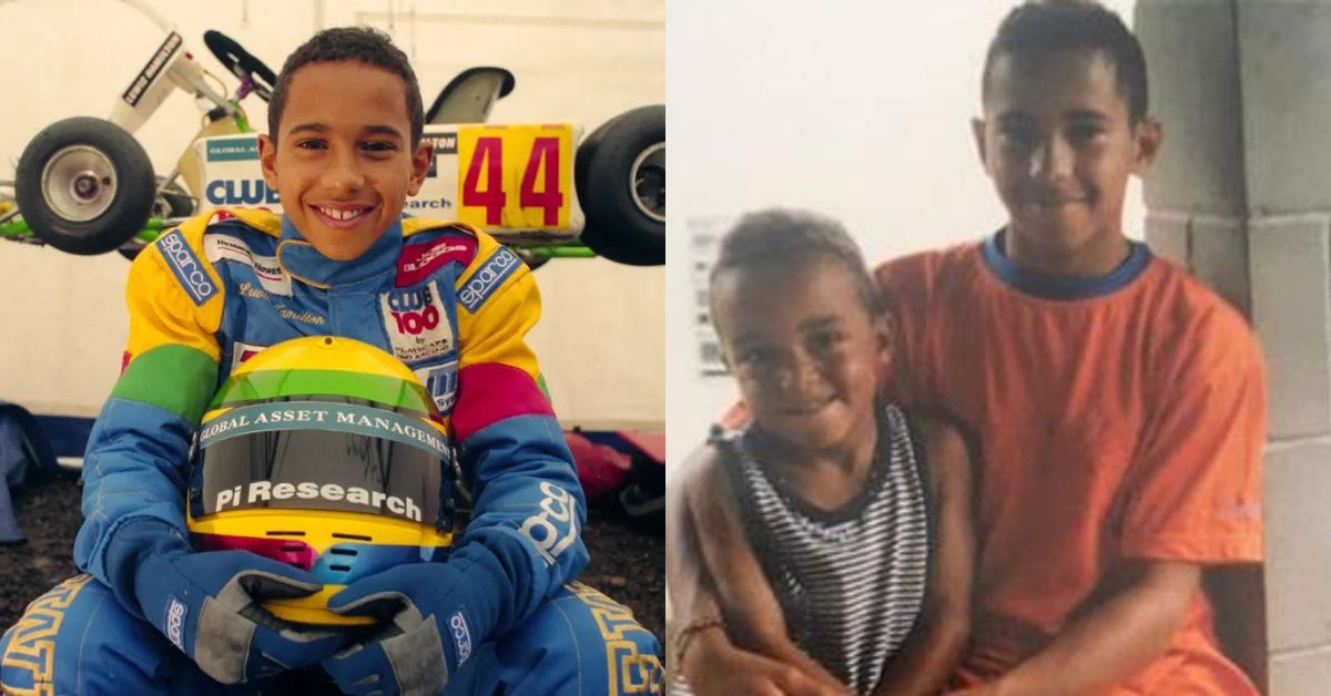 Lewis Hamilton in October 1997 after a karting championship (left) , Lewis and Nicolas Hamilton as kids (right) (Credits- The Guardian, Sky Sports)