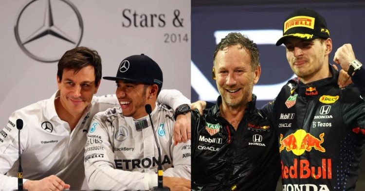 Lewis Hamilton and Toto Wolff (left), Max Verstappen and Christian Horner (right) (Credit- The Independent)