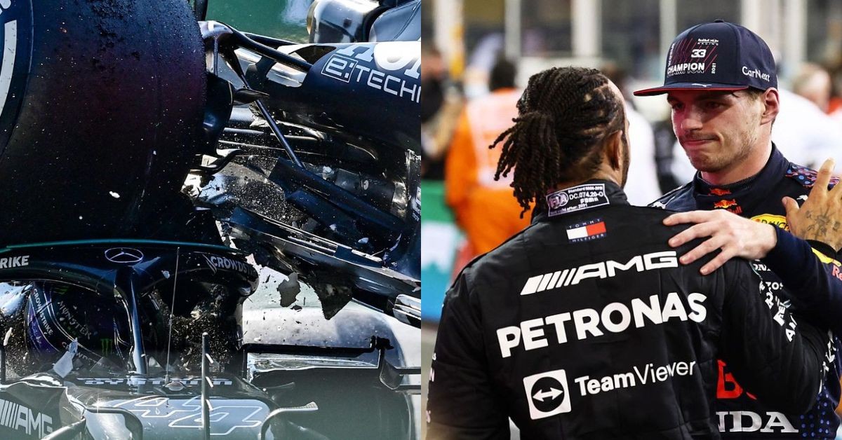 Lewis Hamilton and Max Verstappen crash in 2021 (left), Max Verstappen and Hamilton greeting each other (right)(Credit- Sporting News, Autosport)