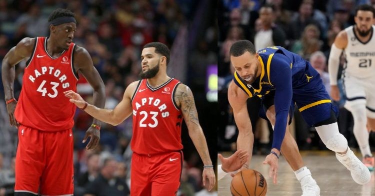 Golden State Warriors' Stephen Curry and Toronto Raptors' Pascal Siakam and Fred VanVleet on the court