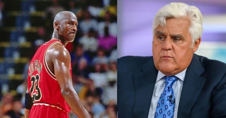 Jay Leno and Michael Jordan on the court