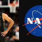 Stephen Curry on the court and the NASA logo