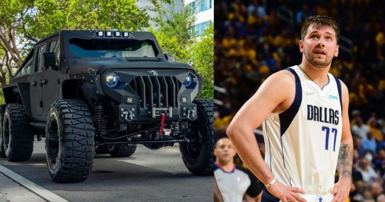 Luka Doncic on the court and the Hellfire Apocalypse jeep\tank