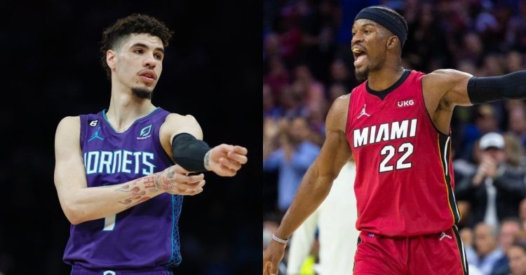 Charlotte Hornets' LaMelo Ball and Miami Heat's Jimmy Butler