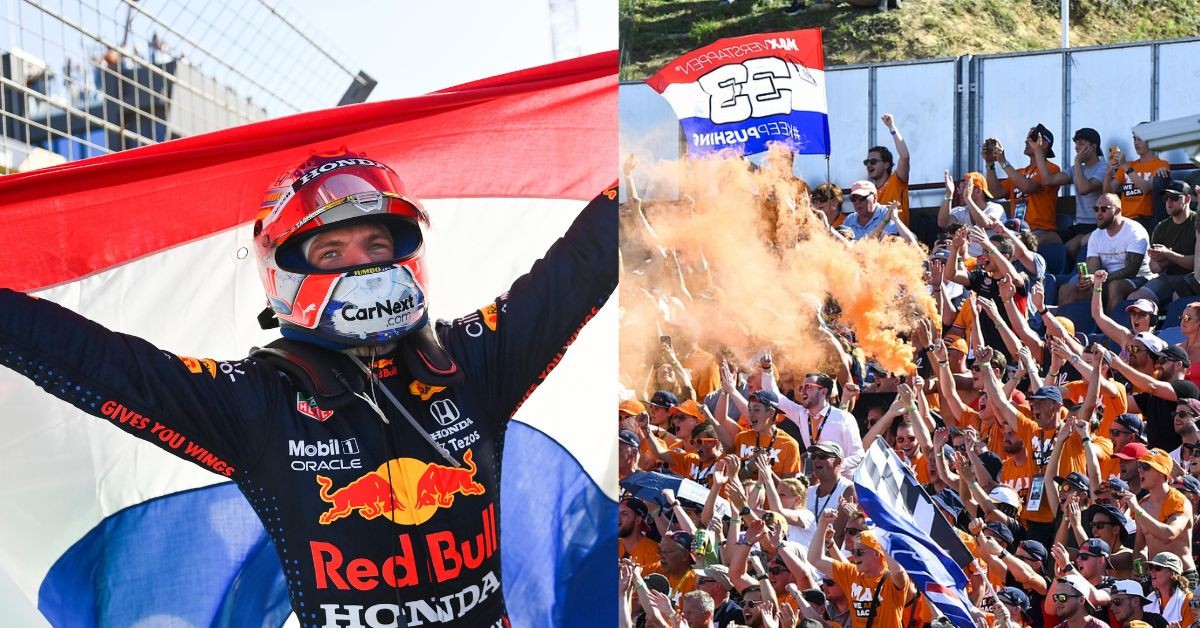 Max Verstappen post Dutch Grand Prix 2021 season (left) , Orange Flares at Zandvoort Circuit (right) (Credit- The Times, Autosport)