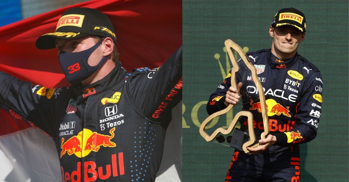 Max Verstappen after winning the Dutch Grand Prix (left), Max Verstappen post the Belgian Grand Prix (right)  (Credit- Sky Sports, The Hindu)