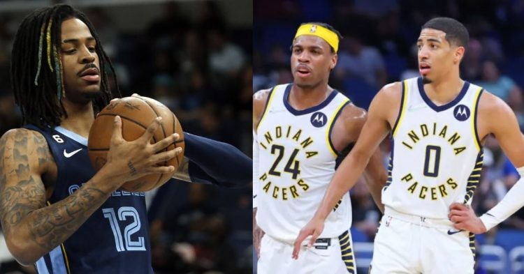 Memphis Grizzlies Ja Morant' and Indiana Pacers' Tyrese Haliburton and Buddy Hield on the court