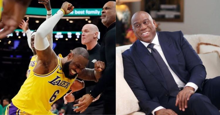 Los Angeles Lakers LeBron James upset on the court and Magic Johnson