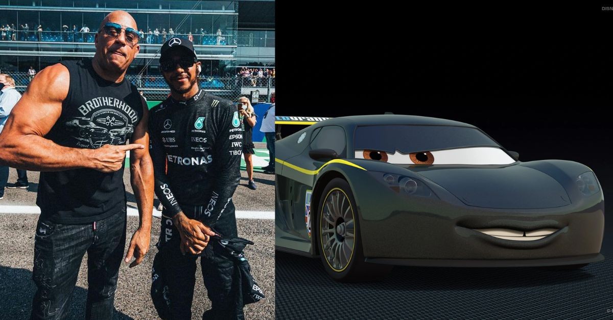 Lewis Hamilton and Vin Diesel at Monza (left), Lewis Hamilton in 'Cars 2' as a McLaren MP4 (right)  (Credit- DMARGE, Pixar Wiki )