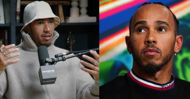 Lewis Hamilton on Jay Shetty's 'On Purpose' podcast (left), Lewis Hamilton (right)