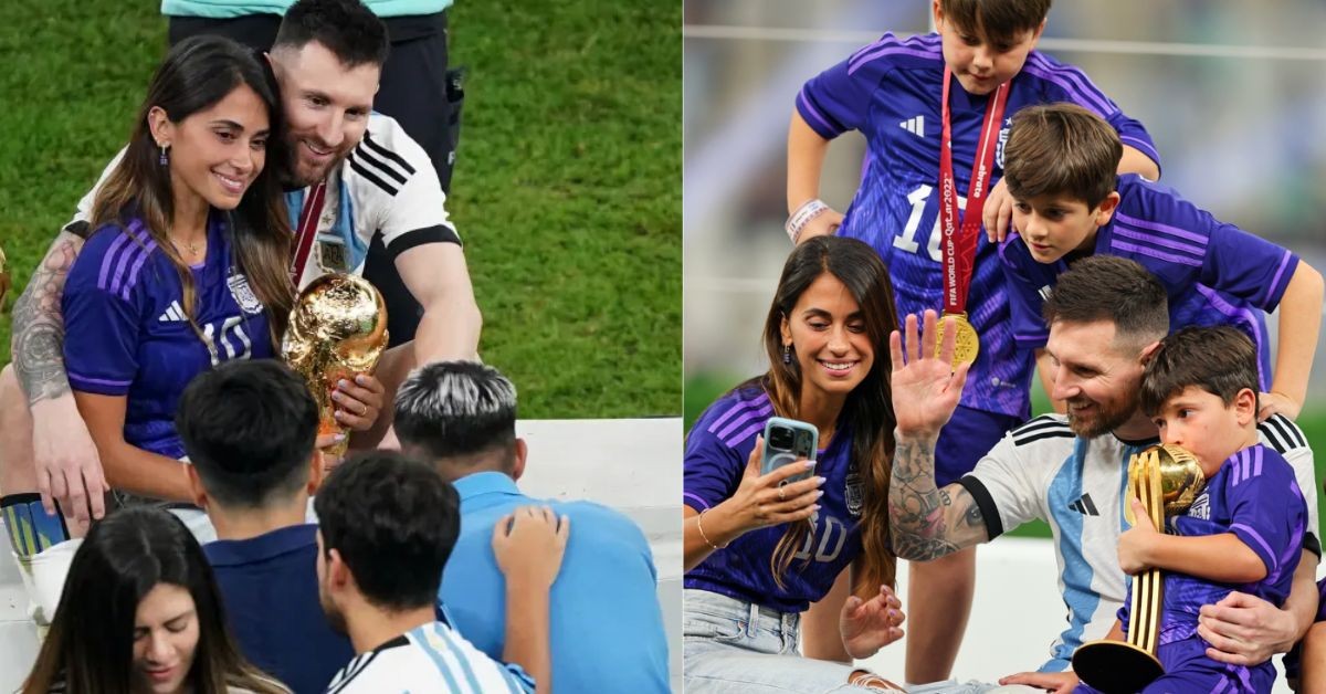 Lionel Messi celebrates with his wife and children after winning the World Cup