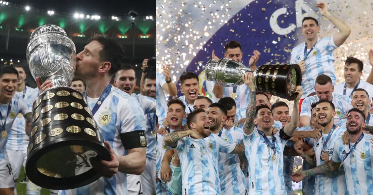 Lionel Messi celebrates after winning the Copa America in 2021
