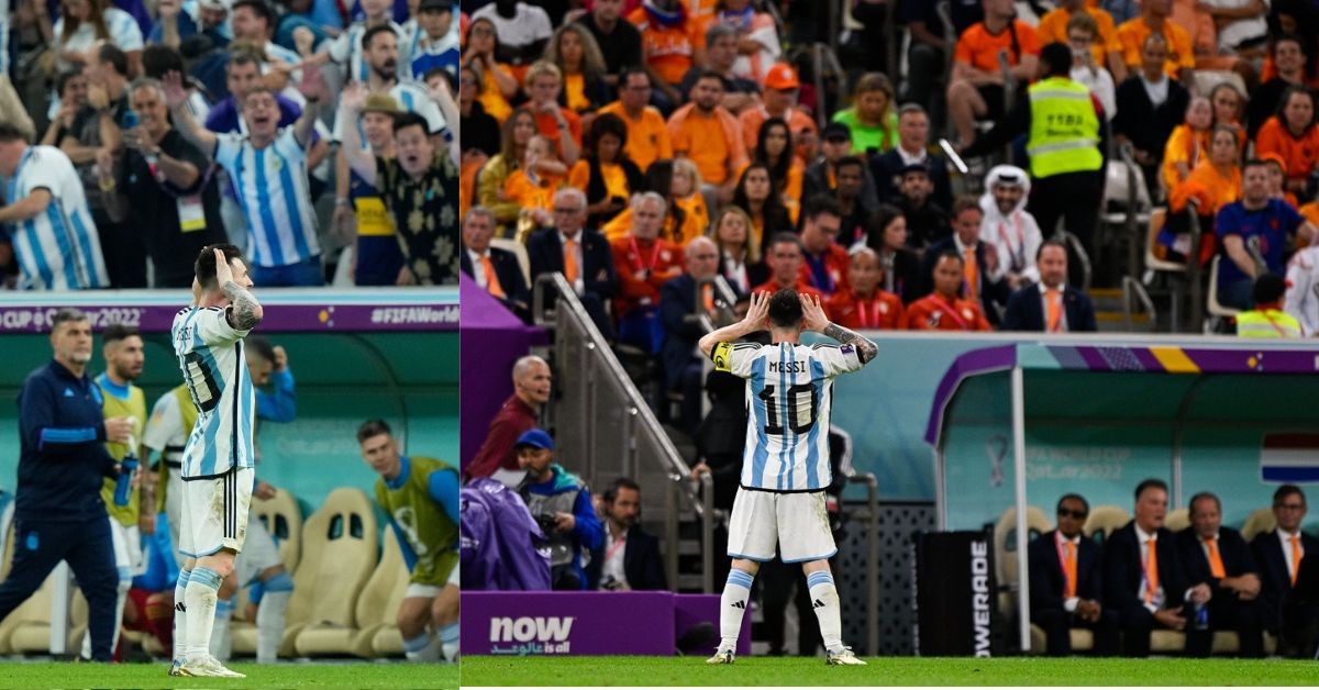 Lionel Messi celebrates after scoring against the Netherlands during the World Cup 2022