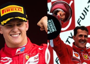 Mick Schumacher at the F2 podium with Ferrari(left), Michael Schumacher’s first ever race win with Ferrari at the Spanish GP(right) (Credit- F1, Republic World)