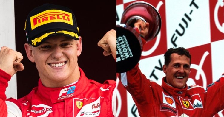 Mick Schumacher at the F2 podium with Ferrari(left), Michael Schumacher’s first ever race win with Ferrari at the Spanish GP(right) (Credit- F1, Republic World)