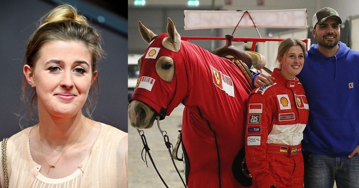 Gina Maria Schumacher (left), Gina Maria Schumacher dons the Ferrari racing gear (right) (Credit - Daily Mail, The Sun)
