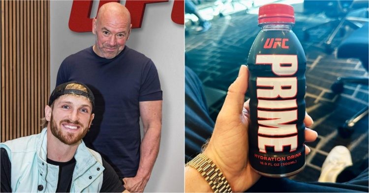 Logan Paul with Dana White (left), PRIME HYDRATION (right)