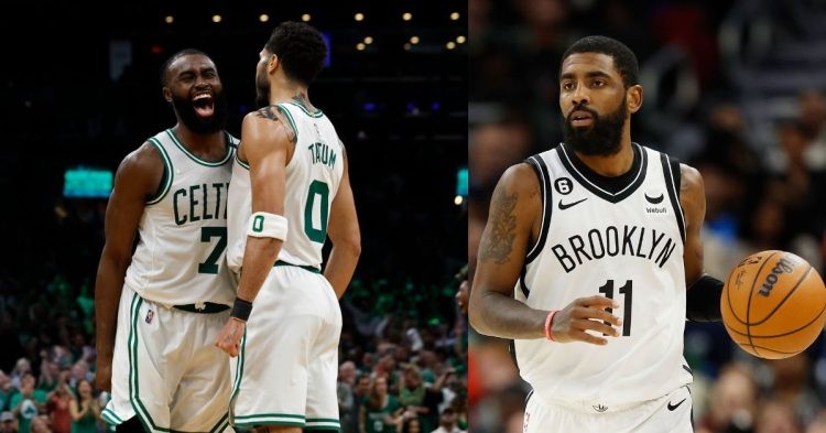 Brooklyn Nets' Kyrie Irving and Boston Celtics' Jayson Tatum and Jaylen Brown on the court